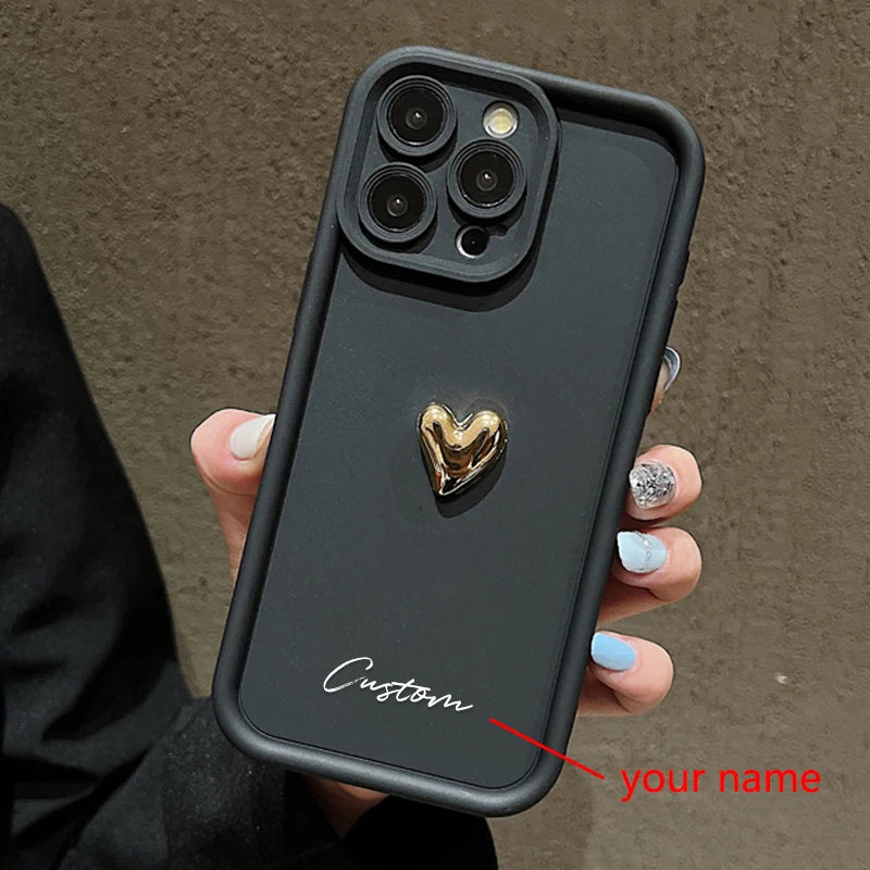 3D Gold Love Heart Personalized Custom Name Case For iPhone 16 15 14 13 12 11 Pro Max X XS XR 7 8 Plus Silicone Candy DIY Cover