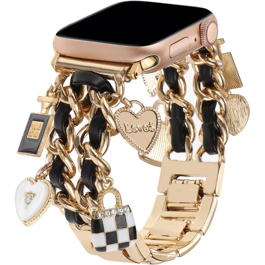 Metal+Leather Strap For Apple Watch Series 9 8 7 6 5 4 se Women Cute Bracelet For iWatch 41mm 45mm 38mm 40 42mm 44mm Luxury Band