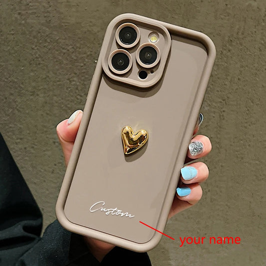 3D Gold Love Heart Personalized Custom Name Case For iPhone 16 15 14 13 12 11 Pro Max X XS XR 7 8 Plus Silicone Candy DIY Cover