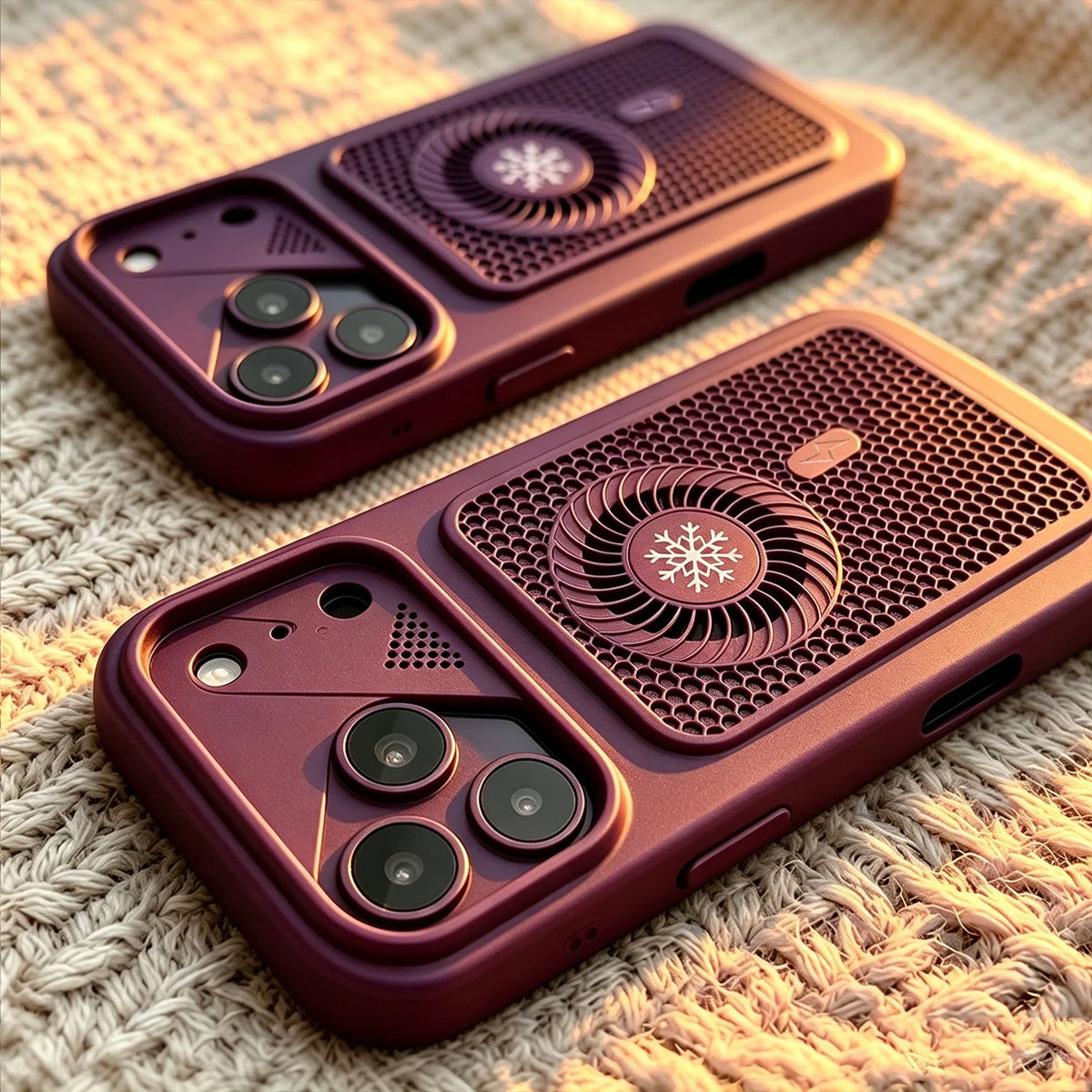 Two dark burgundy phone cases with built-in cooling fans and a snowflake design, resting on a textured beige knit blanket.