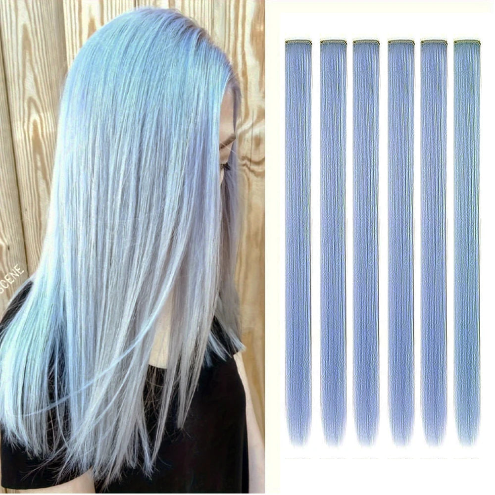 Clip in Hair Extensions 6pcs/pack Colored Party Highlights 22 inches Multi-colors Straight Hair Synthetic Hairpieces Purple Pink