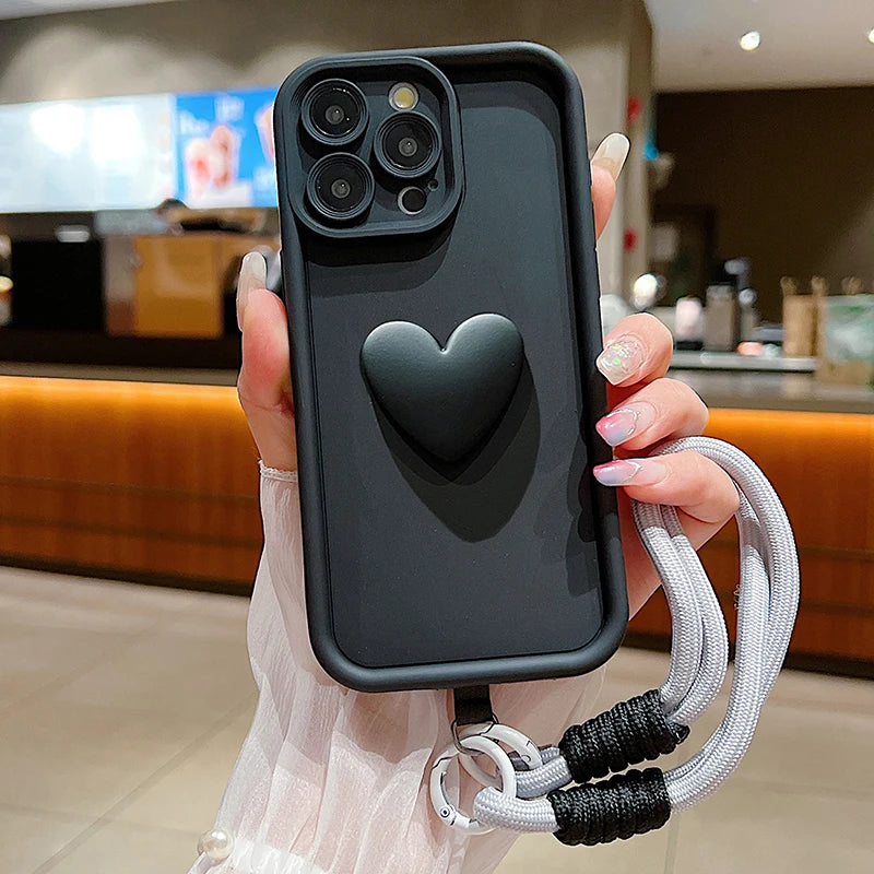 Luxury 3D Love Heart Matte Soft Lanyard Rope Phone Case For iPhone 16 15 14 13 12 11 Pro Max X XS XR 7 8 Plus Shockproof Cover