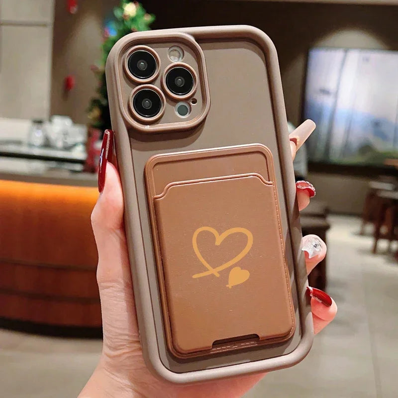 Luxuly Love Heart Insert Card Bag Silicone Soft Phone Case For iPhone 16 15 14 13 12 11 Pro Max XR XS X 7 8 Plus SE 2020 Cover