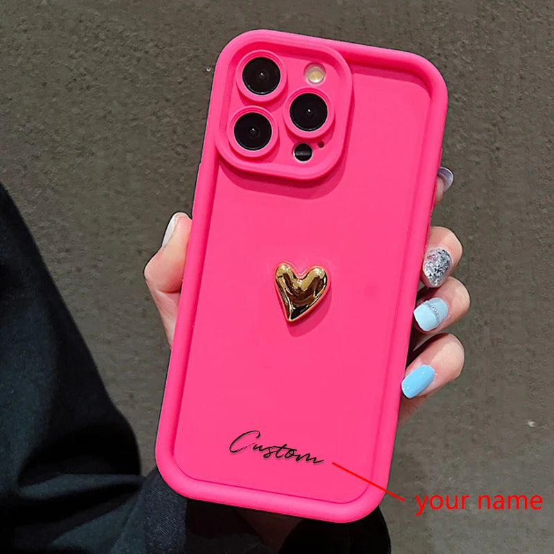 3D Gold Love Heart Personalized Custom Name Case For iPhone 16 15 14 13 12 11 Pro Max X XS XR 7 8 Plus Silicone Candy DIY Cover
