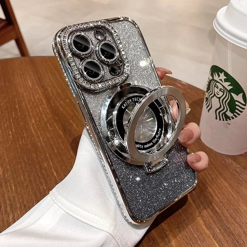 Luxury Glitter Rhinestone for Magsafe Bracket Case for iPhone 15 14 11 12 13 Pro Max Plus Bling Diamond Gradient Stand TPU Cover