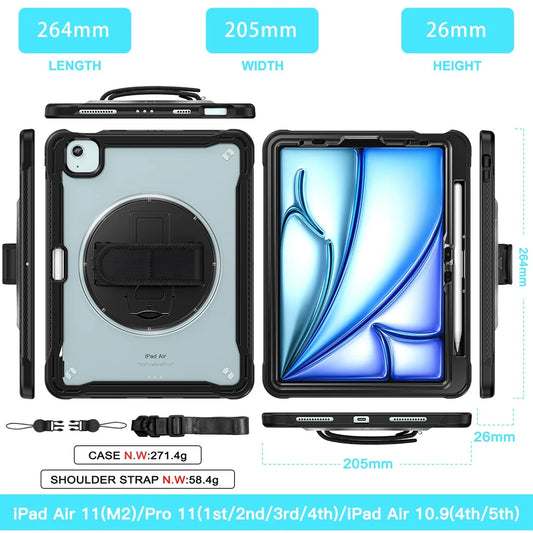 Fit iPad Air 11” 2024( 6th Gen M2) Hand shoulder Strap 360 Rotatable Kickstand Rugged Protective Case For iPad Air 11 Inch 2024