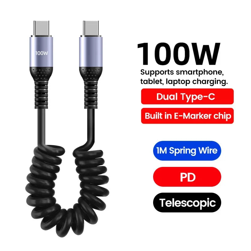 20CM To 1M Car Spring Cable 66W Short Fast Charging Wire Type C TO Type C Cable For iPhone 15 Huawei Xiaomi Samsung USB C Cable