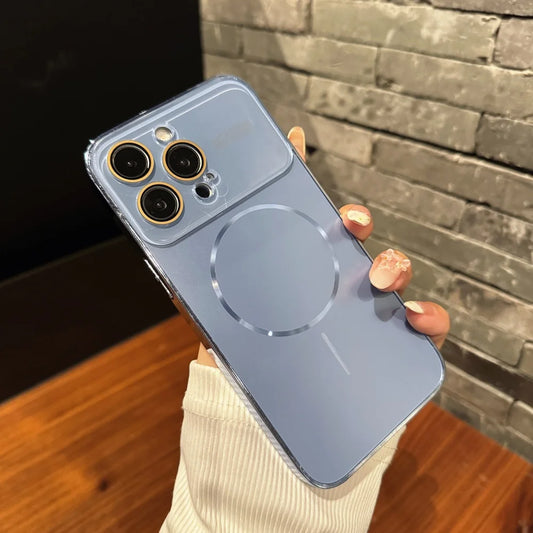 Luxury Large Glass Window for Magsafe Case For iPhone 16 15 14 Pro Max 16Promax 16Pro Plating Magnectic Wireless Charging Cover