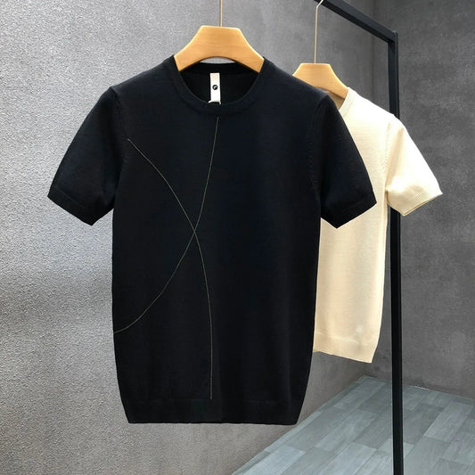 Men's Slim Fit Ice Silk Knitted T-shirt High Quality Cotton Blend Casual Streetwear Short Sleeves T Shirt For Men