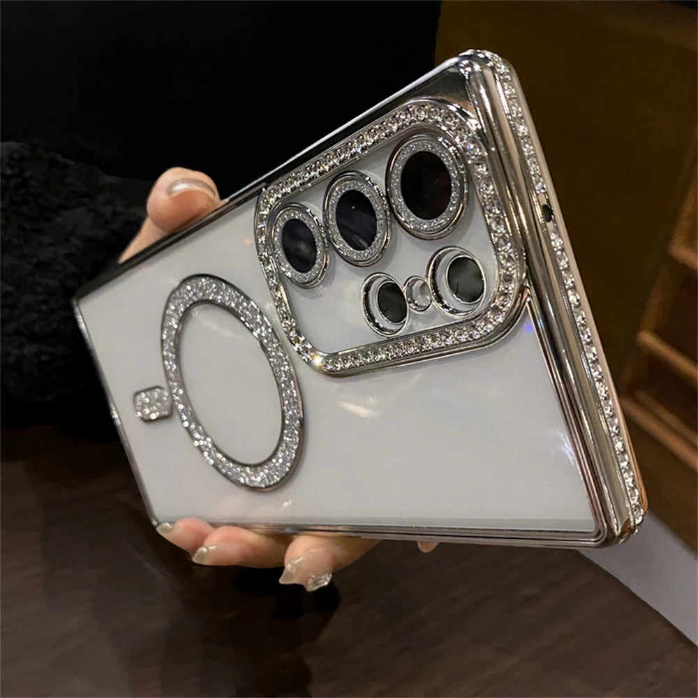 Transparent Plating Glitter Rhinestones Diamond for Magsafe Magnetic Case for Samsung S24 S23 S22 Ultra Plus Soft Silicone Cover