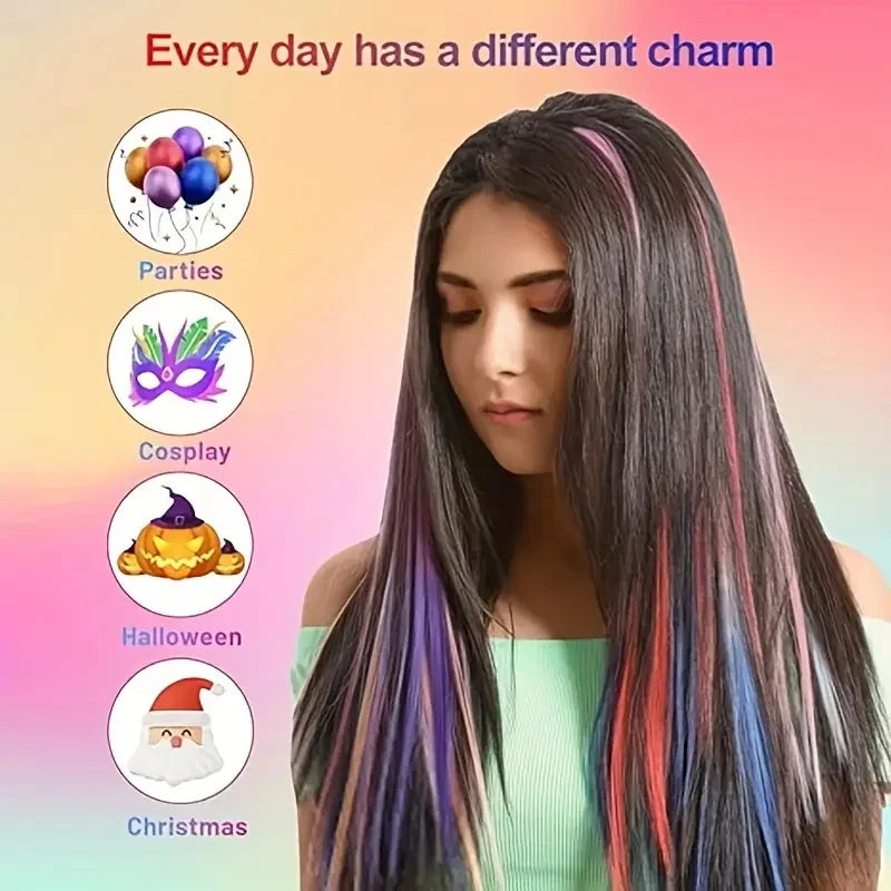 22Inch Colored Party Synthetic Clip in Hair Extensions for Girls Multi-colors Long Straight Hair Rainbow Hairpieces