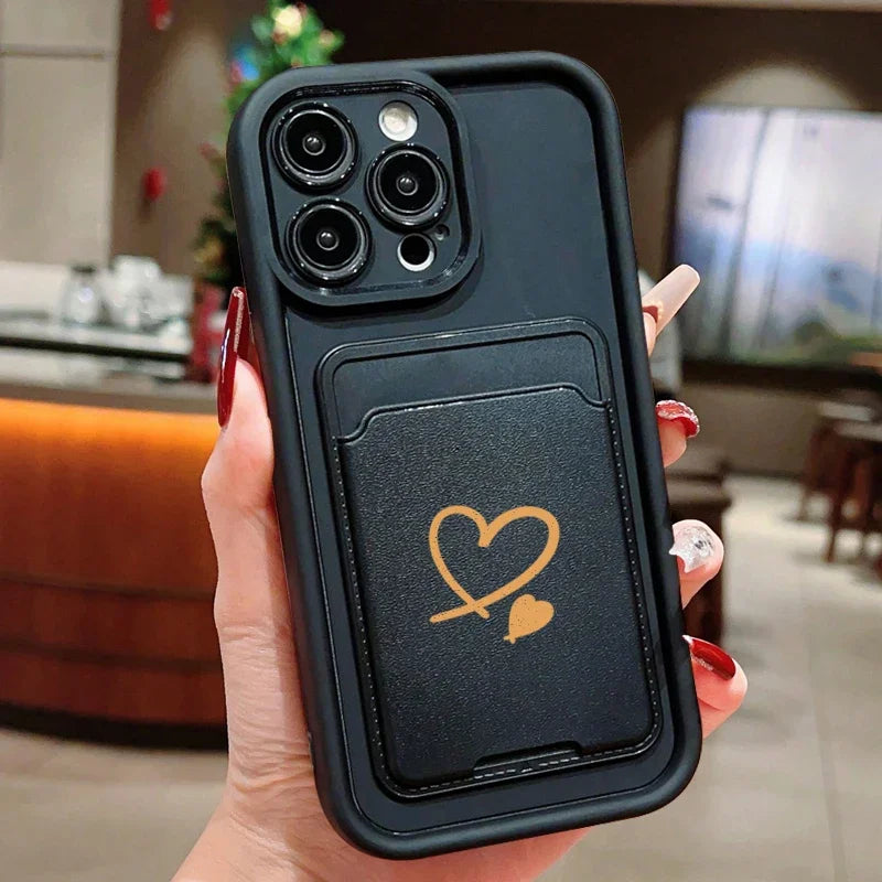 Luxuly Love Heart Insert Card Bag Silicone Soft Phone Case For iPhone 16 15 14 13 12 11 Pro Max XR XS X 7 8 Plus SE 2020 Cover