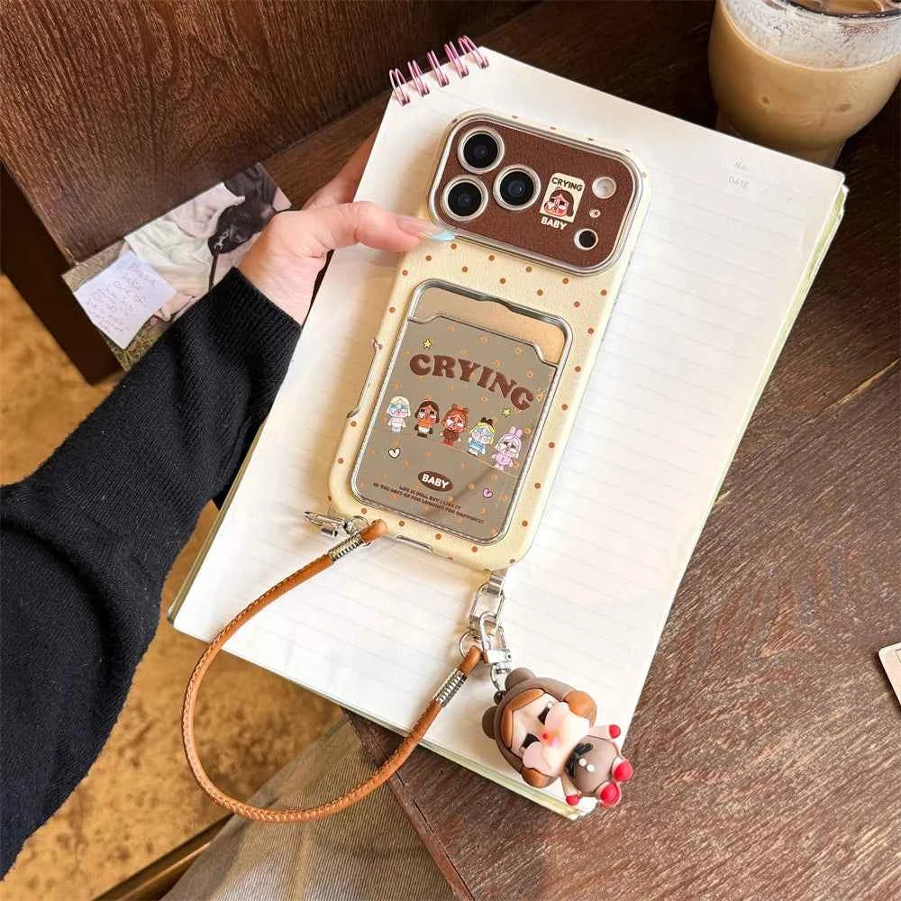 Kawaii Cartoon Cry Girls Card Holder Phone Case For iPhone 16 Pro 14 15 17 Pro Max Cover with Hand Rope Cute Protective Cases