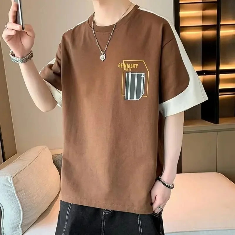 2025 Summer New Men's Short Sleeve T-Shirt Hong Kong Style Loose Fit Versatile Ice Silk Thin Clothing Youth Trendy