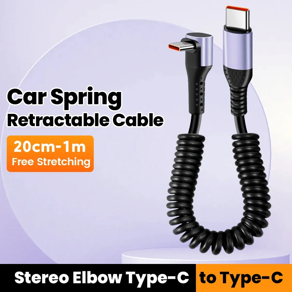 20CM To 1M Car Spring Cable 66W Short Fast Charging Wire Type C TO Type C Cable For iPhone 15 Huawei Xiaomi Samsung USB C Cable