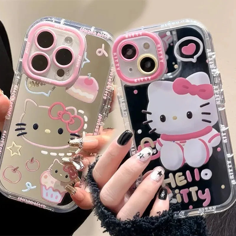 Cute Girl Cartoon Kawaii Hello Kitty Mirror Phone Case For iPhone 16 15 14 13 12 11 Pro Max XR XS MAX 7 8 Plus Y2K Lovely Cover