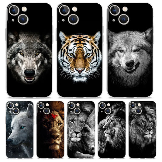 Luxury Transparent Phone Case For iPhone 15 14 13 12 11 Pro Max XS X XR 7 8 Plus Clear Cover Black Cheetah Tiger Lion Animals