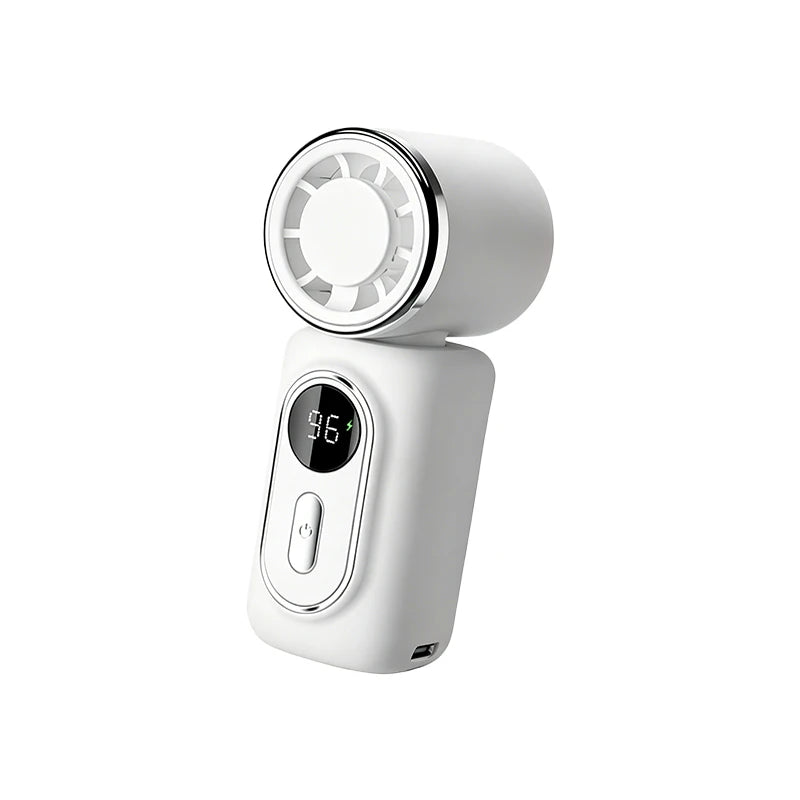 A white handheld electric fan with a circular silver trim and a digital temperature display showing 36 degrees Celsius, set against a plain white background.