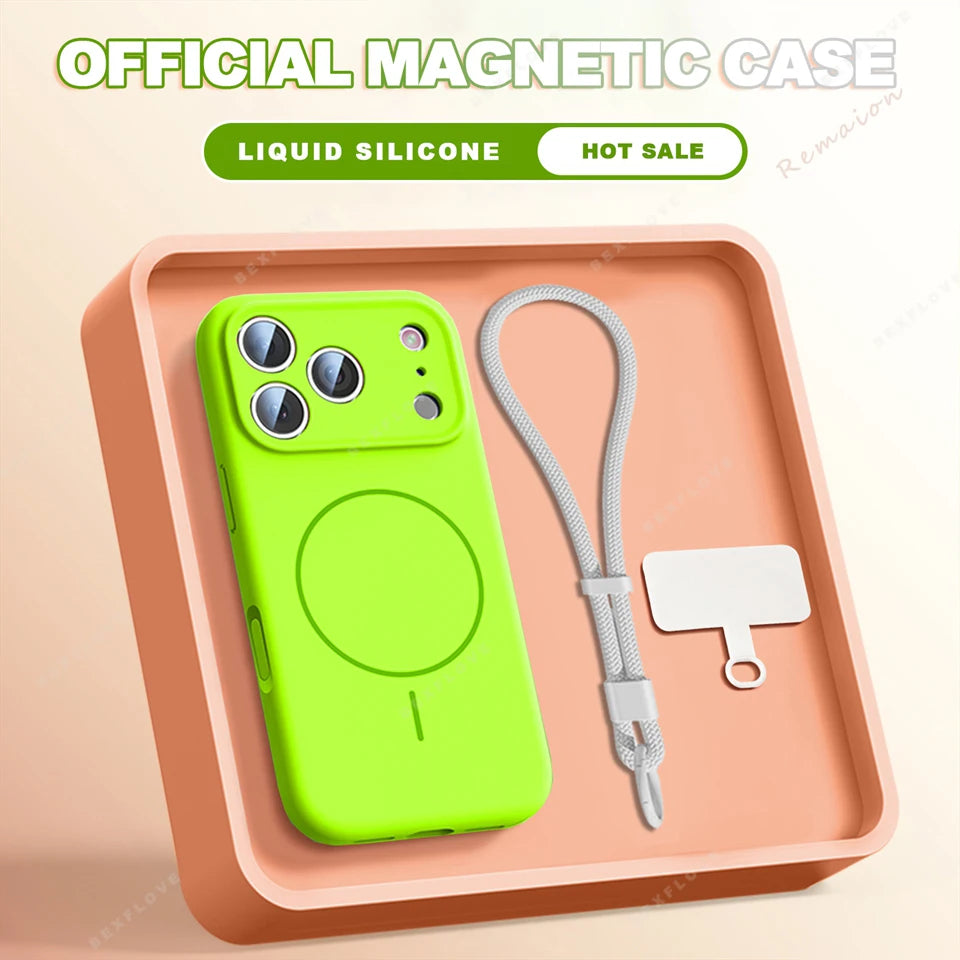 A bright lime green magnetic phone case shown inside a peach-colored tray, with a gray wrist strap and a small white tag beside it. Text at the top reads 'OFFICIAL MAGNETIC CASE' and 'LIQUID SILICONE HOT SALE'.