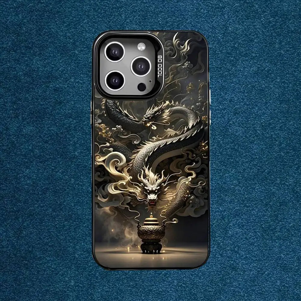 Luxury Dragon Embossed Phone Case For iPhone 16,15,14,13,12,11,Mini,Pro,E,MAX Gray Matte Silicone Black Cover