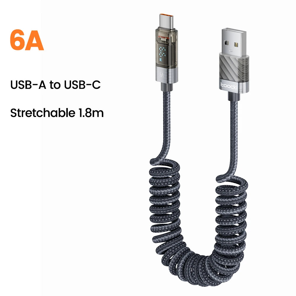 Toocki 6A USB Cable To USB C Spring Fast Phone Charger For Huawei PD100W Transparent Digital Display Type C Cable For Laptop LG