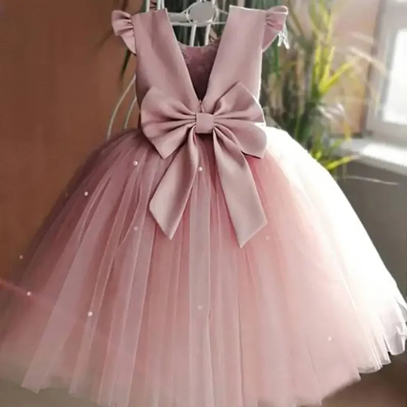 Toddler Girl Flower Birthday Tulle Dress Backless Bow Dressing Gown Kids Party Wear Princess Pink Dress Baby Girl Bowknot Dress