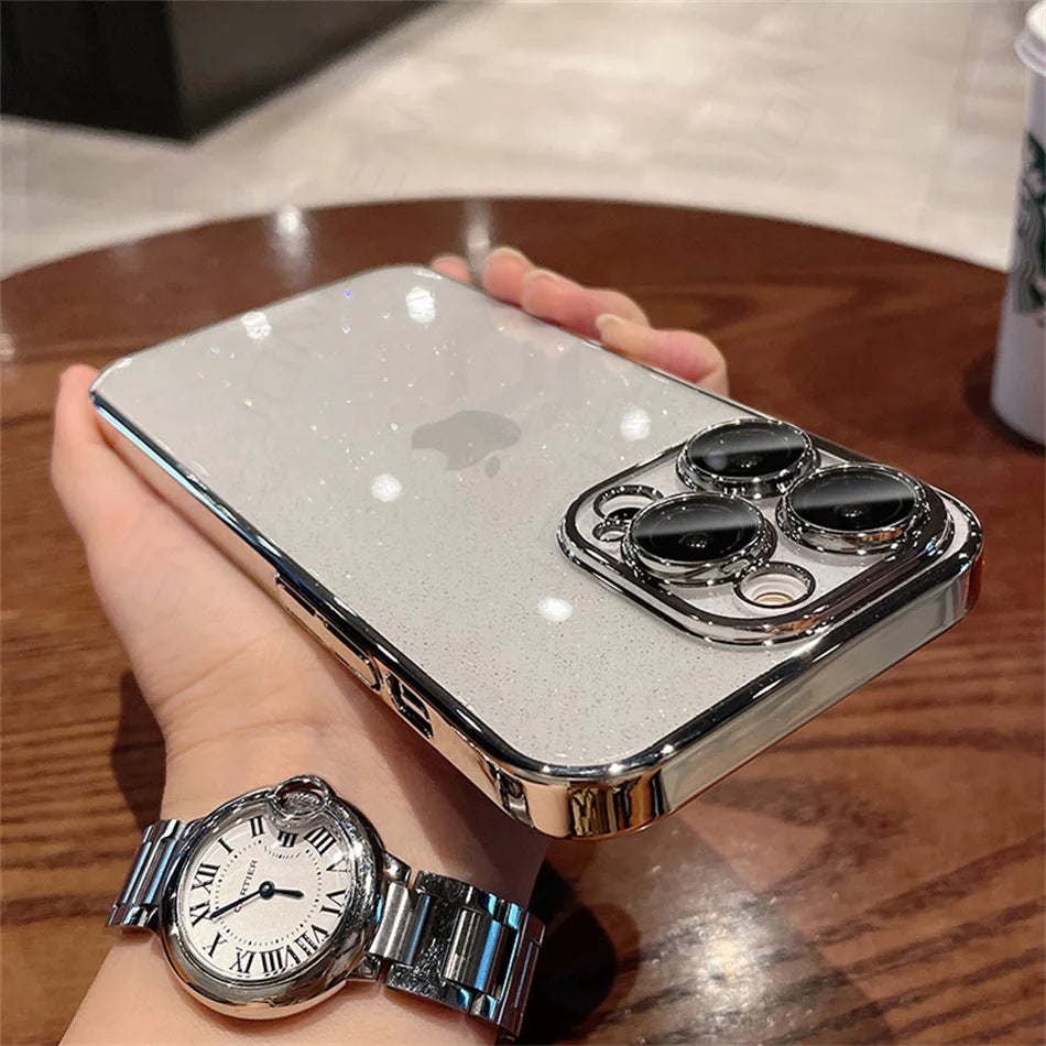 Luxury Bling Glitter Clear Slim Case For iPhone 16 15 14 13 12 Pro Max Shockproof Plating Bumper Desert Gold Transparent Cover