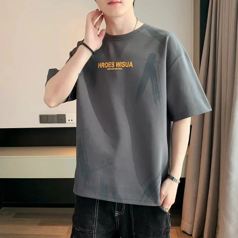 2025 Summer New Men's Short Sleeve T-Shirt Hong Kong Style Loose Fit Versatile Ice Silk Thin Clothing Youth Trendy
