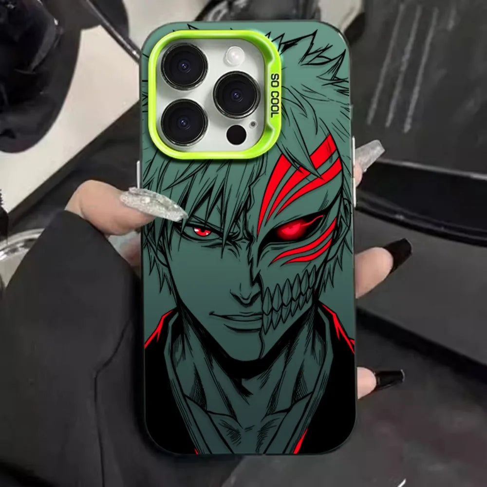 A phone case featuring a stylized anime character with a green-gray face, red eyes, and red markings, held in a hand. The case has a bright neon green camera border with the text '50 COOL' printed on it.