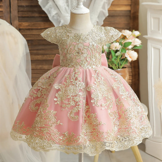Embroidery Elegant Kids Princess Dresses for Girls Luxury Golden Lace Vintage Children Summer Party Gown Baby Baptism Vestidos