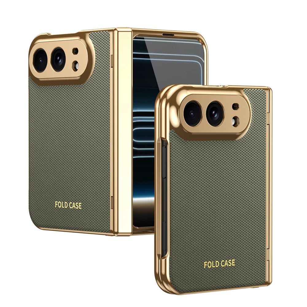Two views of a foldable phone case on a plain white background. The case has a textured dark olive green back with metallic gold trim around the camera cutouts and edges, and the words 'FOLD CASE' printed near the bottom.