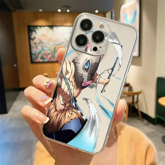 bilibili Anime Demon Slayer Hashibira Inosuke Phone Case For iPhone15pro 14promax 13 14 15 Mini 11 12 Pro Max Transparent Shell