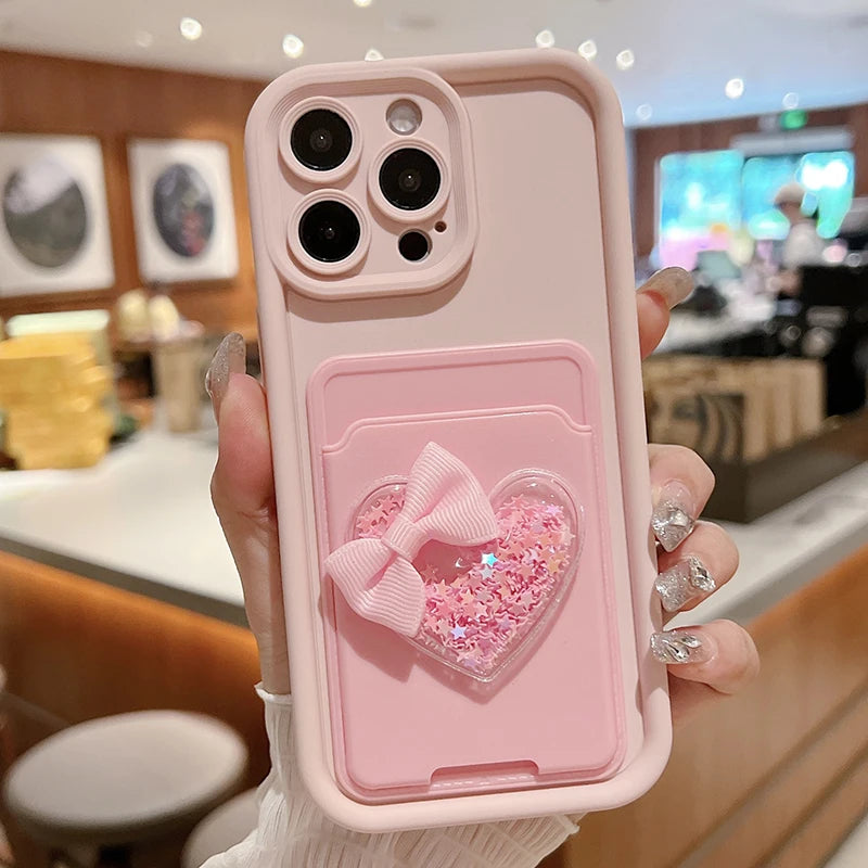 Lovely 3D Love Heart Card Bag Holder Phone Case For iPhone 15 14 13 12 11 16 Pro Max XR XS 7 8 Plus Shockproof Candy Soft Cover