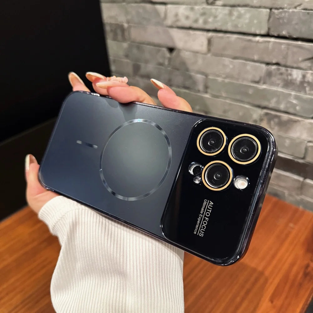 Luxury Large Glass Window for Magsafe Case For iPhone 16 15 14 Pro Max 16Promax 16Pro Plating Magnectic Wireless Charging Cover