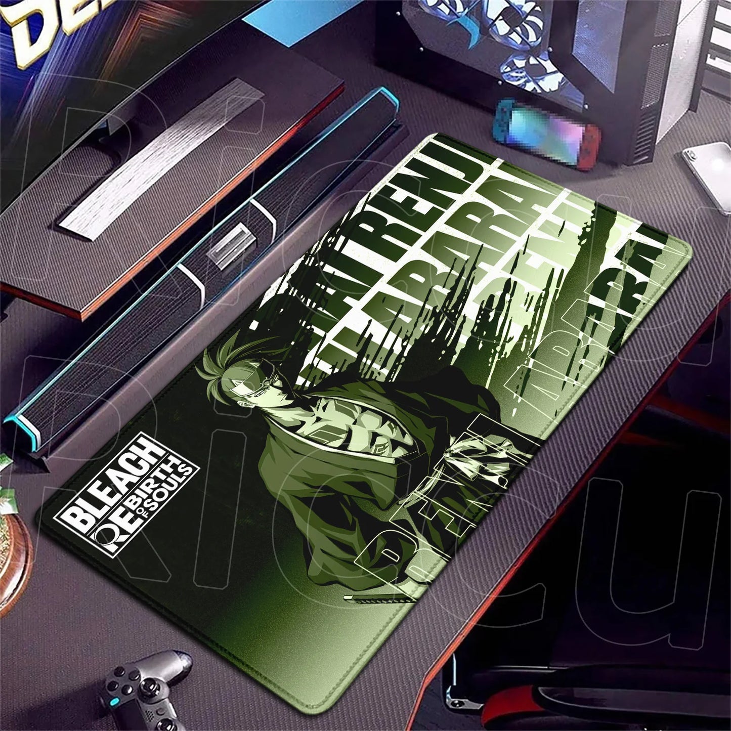 Gaming desk setup with a 'Bleach' themed mouse pad featuring Ichigo Kurosaki.