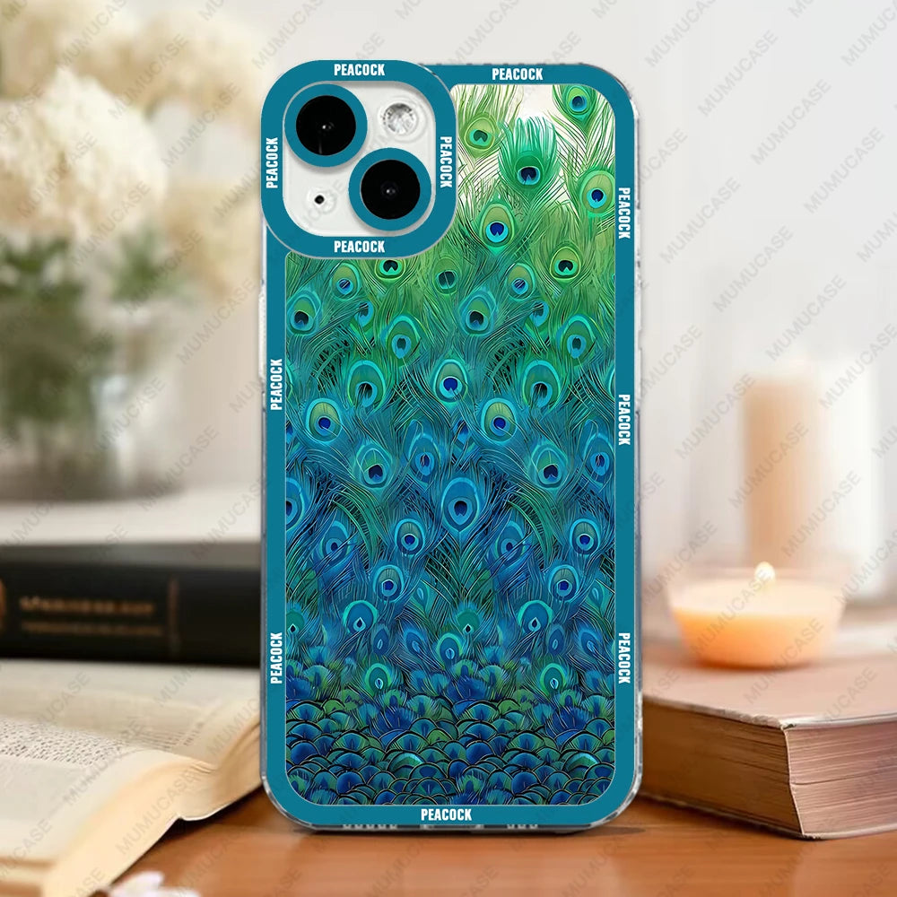 Case For iPhone 16 15 14 13 Pro Max 12 Mini 11 XS X XR SE 7 8 Plus Soft Cover Peacock Pattern