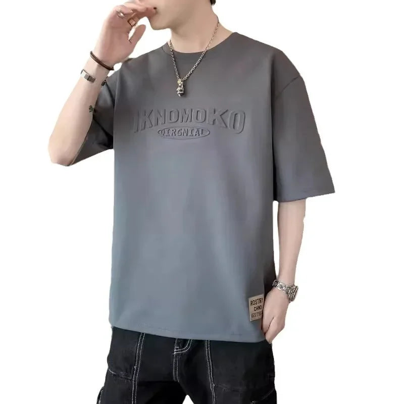 2025 Summer New Men's Short Sleeve T-Shirt Hong Kong Style Loose Fit Versatile Ice Silk Thin Clothing Youth Trendy