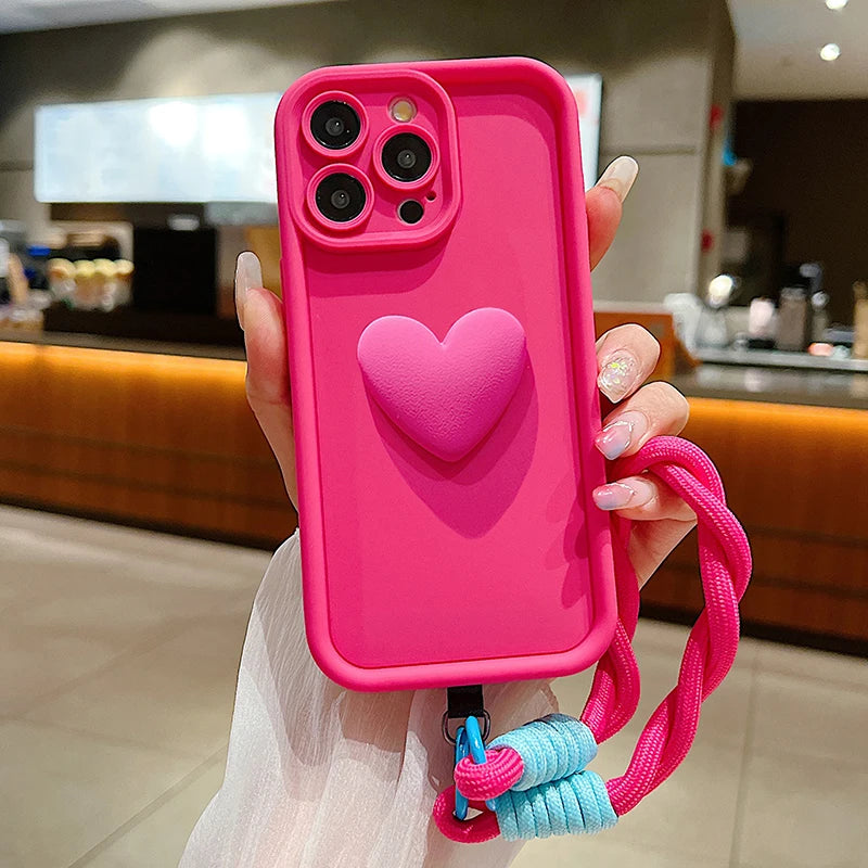 Luxury 3D Love Heart Matte Soft Lanyard Rope Phone Case For iPhone 16 15 14 13 12 11 Pro Max X XS XR 7 8 Plus Shockproof Cover