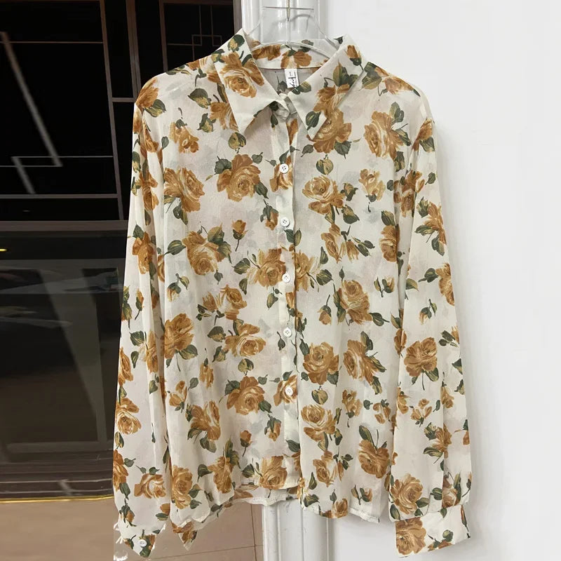 chemisier Flower Print Shirts Women Chiffon Blouse Spring Long Sleeve Sheer Thin Shirt Sunscreen Clothes Tops Blusas Para Mujer