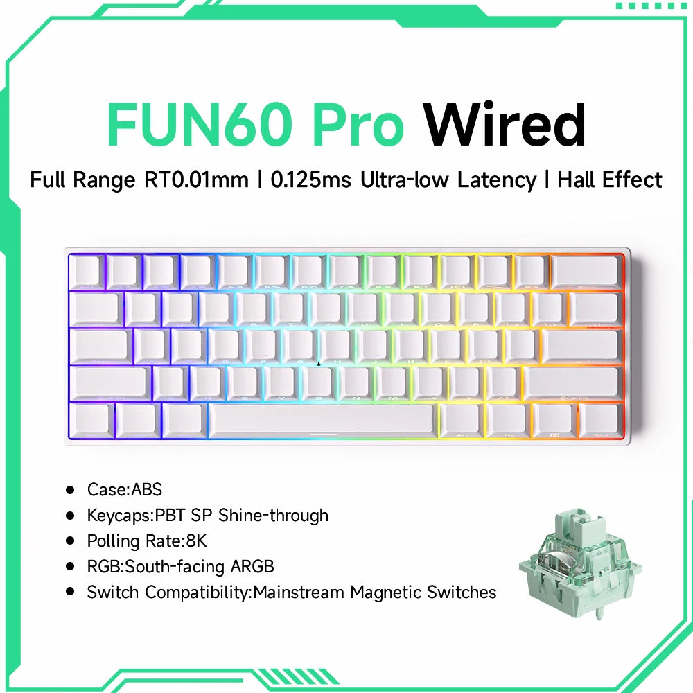 Akko MonsGeek FUN60 magnetic switch keyboard white 60 percent wired RGB PBT keycaps ABS case and green magnetic switches