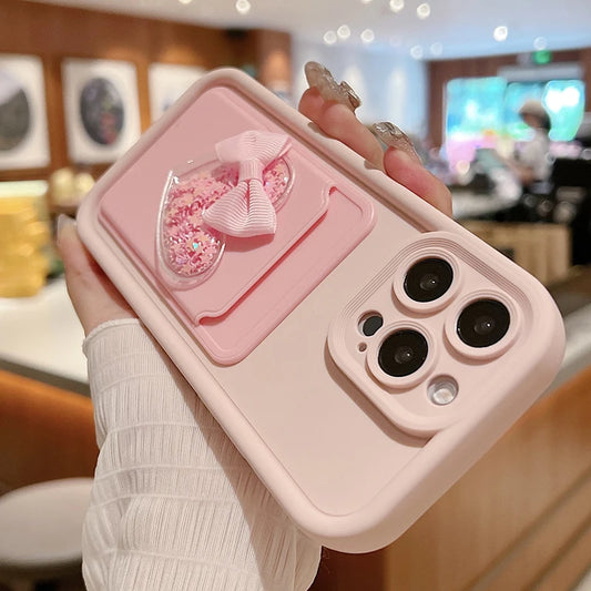 Lovely 3D Love Heart Card Bag Holder Phone Case For iPhone 15 14 13 12 11 16 Pro Max XR XS 7 8 Plus Shockproof Candy Soft Cover