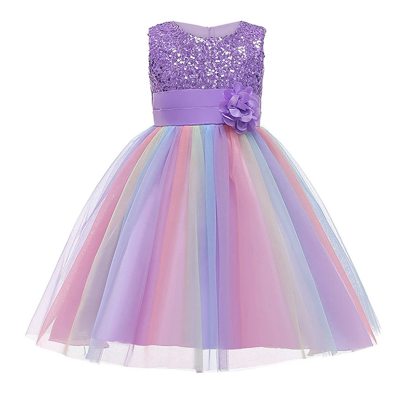 2025 Sequins Girls Dress Summer Flower Fashion Rainbow Mesh Little Princess Dresses For Piano Performance Costume Kids Clothes