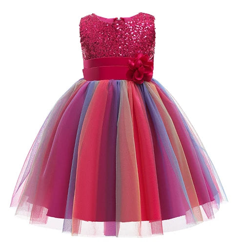 2025 Sequins Girls Dress Summer Flower Fashion Rainbow Mesh Little Princess Dresses For Piano Performance Costume Kids Clothes