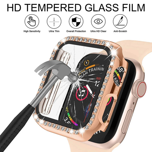 Screen Protector Case For Apple Watch 41mm 45mm 40mm 44mm Diamond Full Cover Bumper + Glass for iWatch Series 9 8 7 6 Se 5 4 3 2