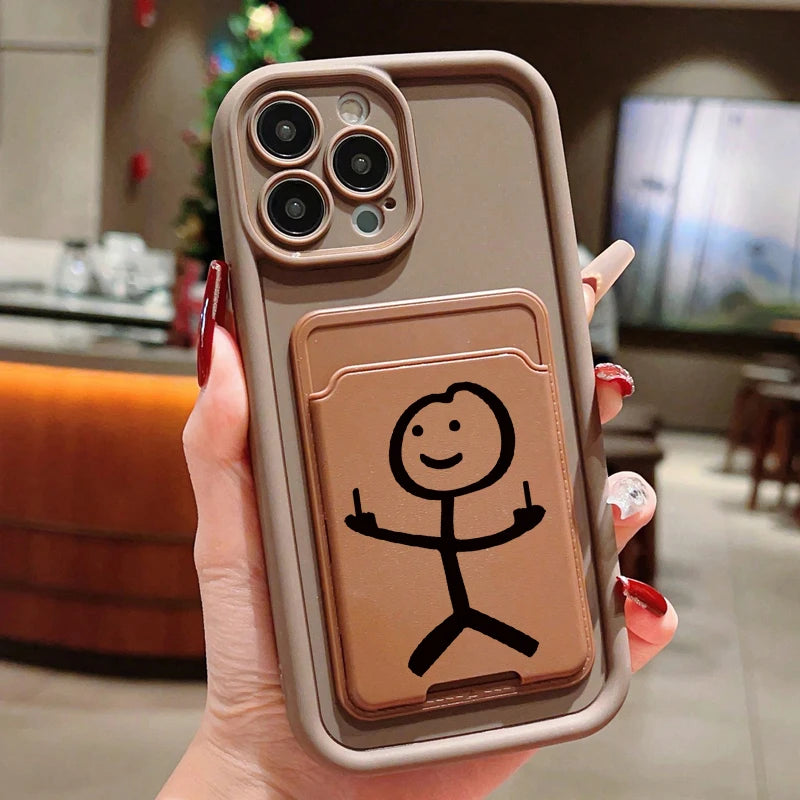 Cartoon Matchman Insert Card Bag Silicone Soft Phone Case For iPhone 16 Pro Max 15 14 13 12 11 Pro XR XS 7 8 Plus SE 2020 Cover