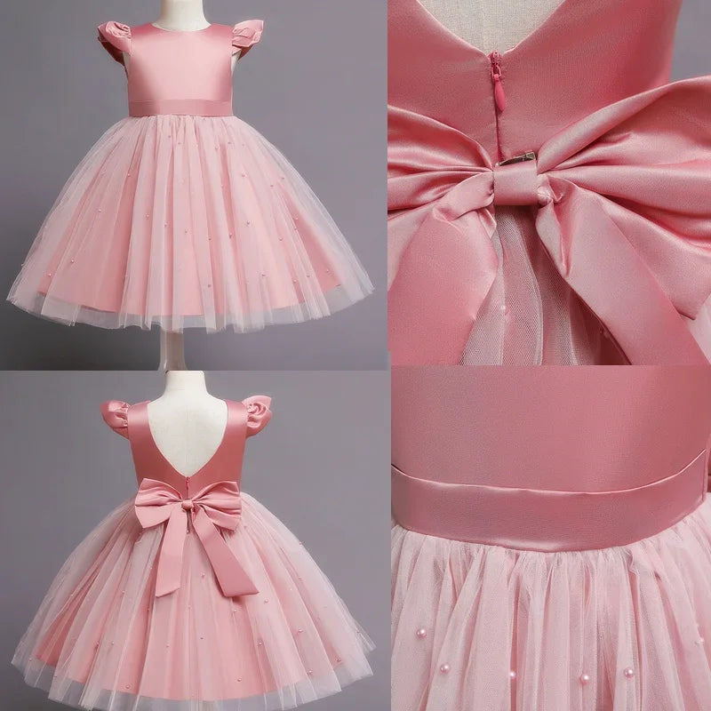 Toddler Girl Flower Birthday Tulle Dress Backless Bow Dressing Gown Kids Party Wear Princess Pink Dress Baby Girl Bowknot Dress