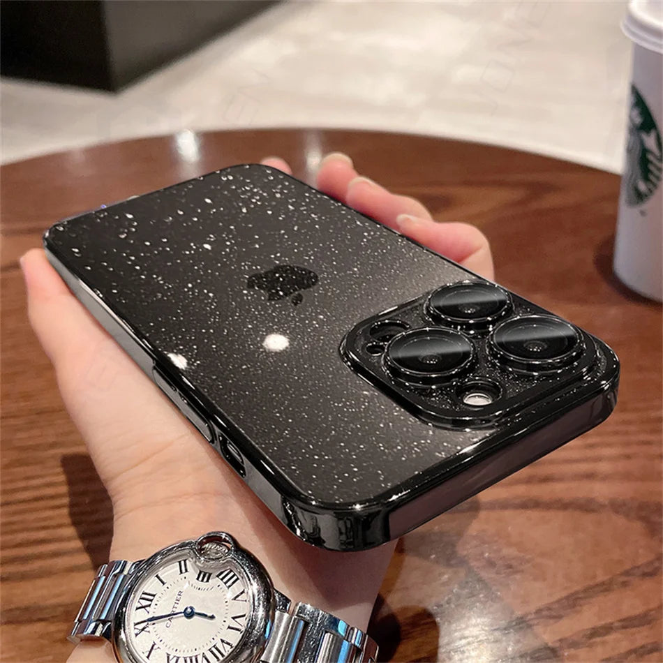 Luxury Bling Glitter Clear Slim Case For iPhone 16 15 14 13 12 Pro Max Shockproof Plating Bumper Desert Gold Transparent Cover