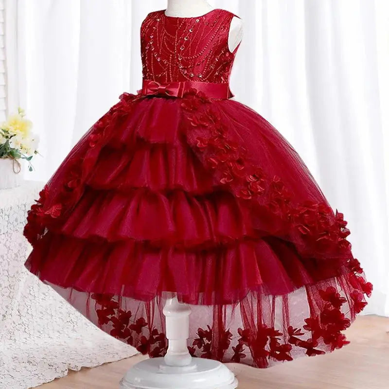 2025 New Year Christmas Party Embroidered Sticker Tailcoat Flower Girl Birthday Party 3-12 Year Sequin Holy Feast Tailcoat