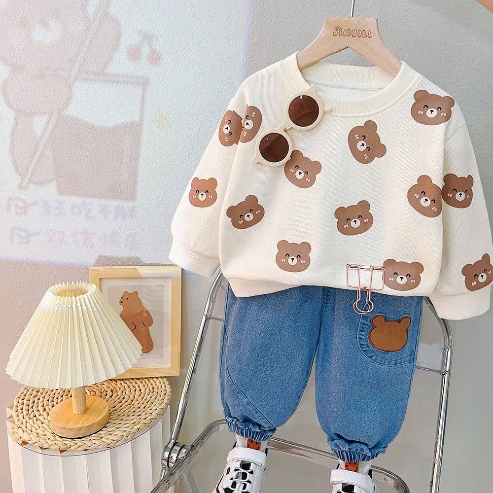 Baby Girl Clothing Set Boy Tracksuit Spring Autumn Child T-shirt Jeans 2pcs Suit Cartoon Bear Infant Sportswear
