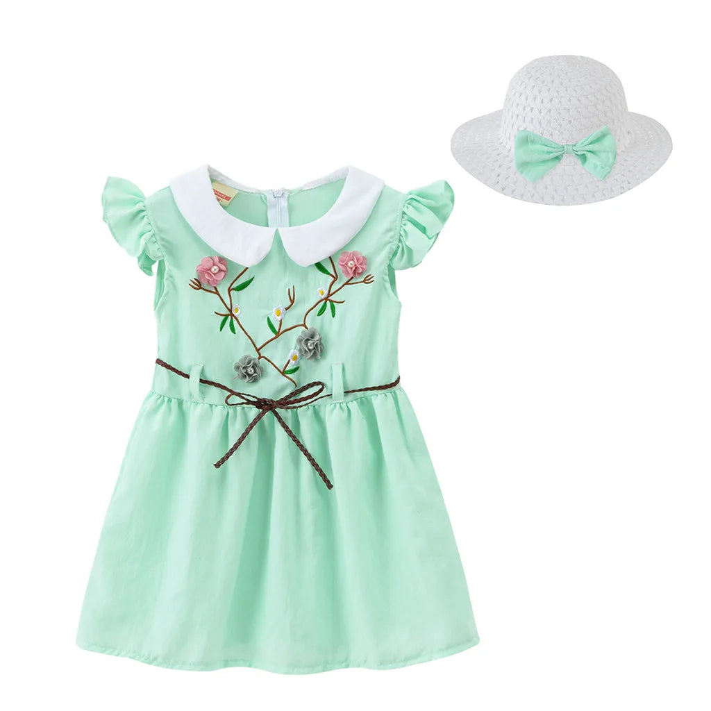 Girls Dress + Hat Chiffon Comfortable Children's Dress 2024 Summer Dress Floral Girls' Sleeveless Dress For Children 2PCS/Set